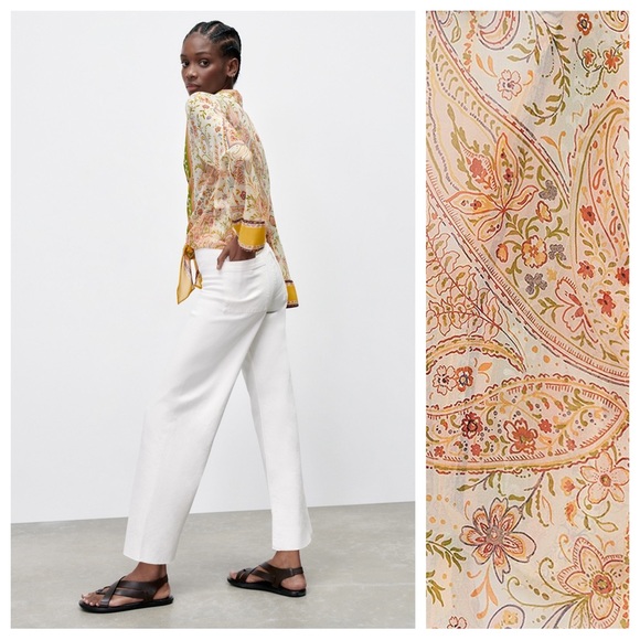 NWT. Zara Cream/Beige Paisley Printed Chiffon Blouse. Size L. - Picture 3 of 10